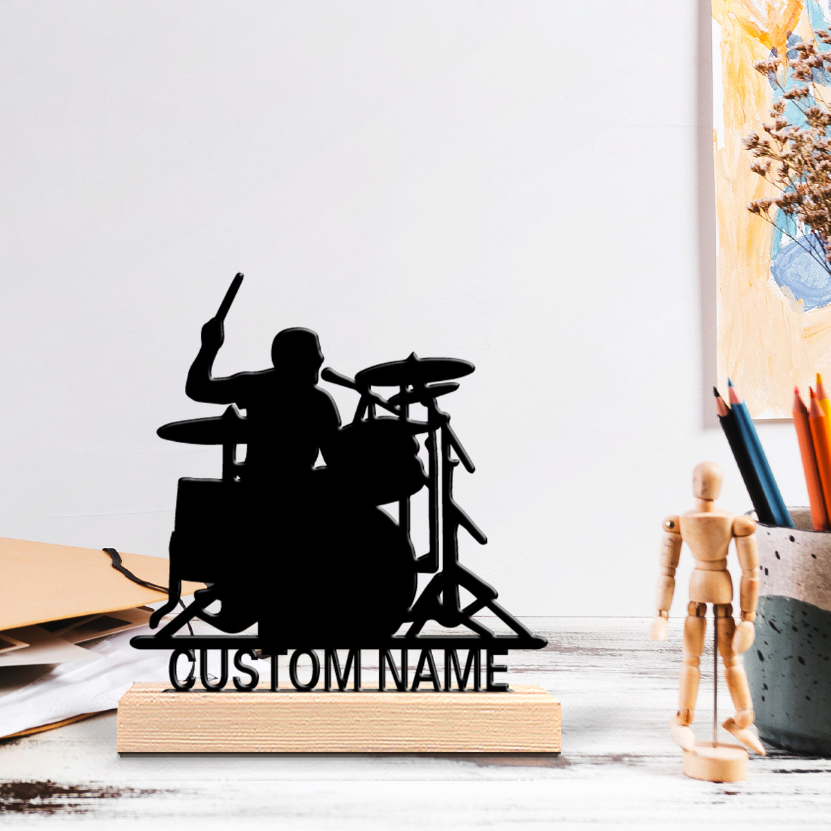 Engraved Wood Frame - Statua in Metallo Personalizzata per Batteristi