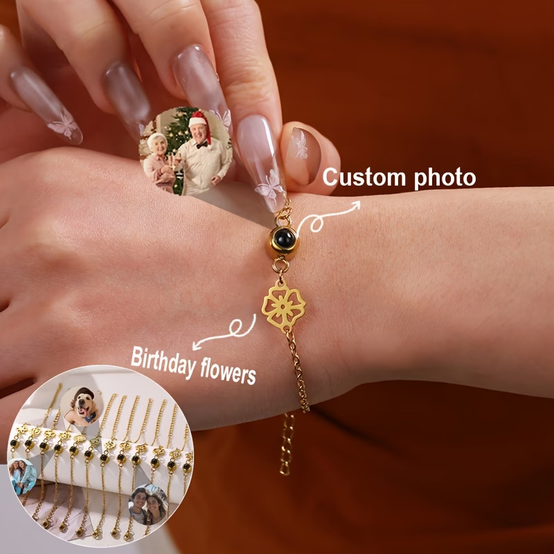 Birth Flower Necklace - Braccialetto Personalizzato con Foto, Catena in